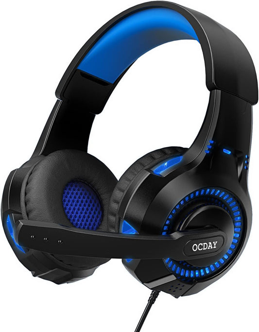 OCDAY Gaming Headset, Headset für PS4 PS5 PC Xbox One, Gaming Kopfhörer 3.5mm Surround Sound Kabelgebundenes mit Mikrofon, LED Licht für Laptop Mac Handy Tablet