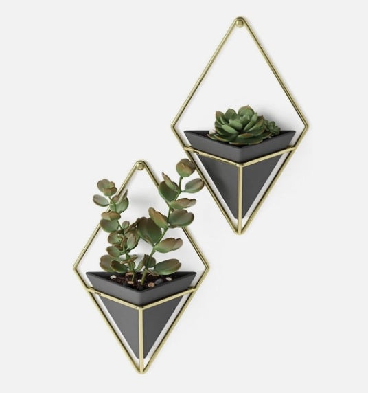 Pure Living Wandvase für Pflanzen im 2er Set  * B 21cm / H 40,70cm / T 11,30cm   (Grau / Gold) Porzelan / Metall)