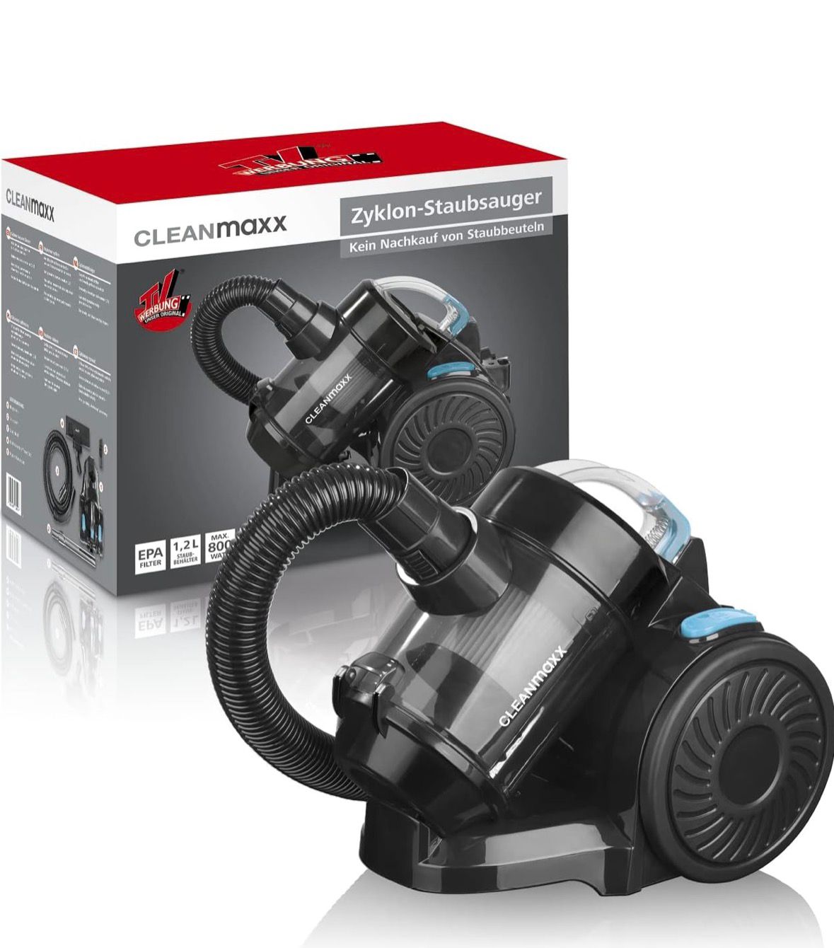 CLEANmaxx Zyklonstaubsauger mit zweistufigem Filtersystem (EPA- und Abluftfilter), beutellosem Staubbehälter zur einfachen Entleerung sowie 800 Watt Leistung inklusive verschiedener Aufsätze