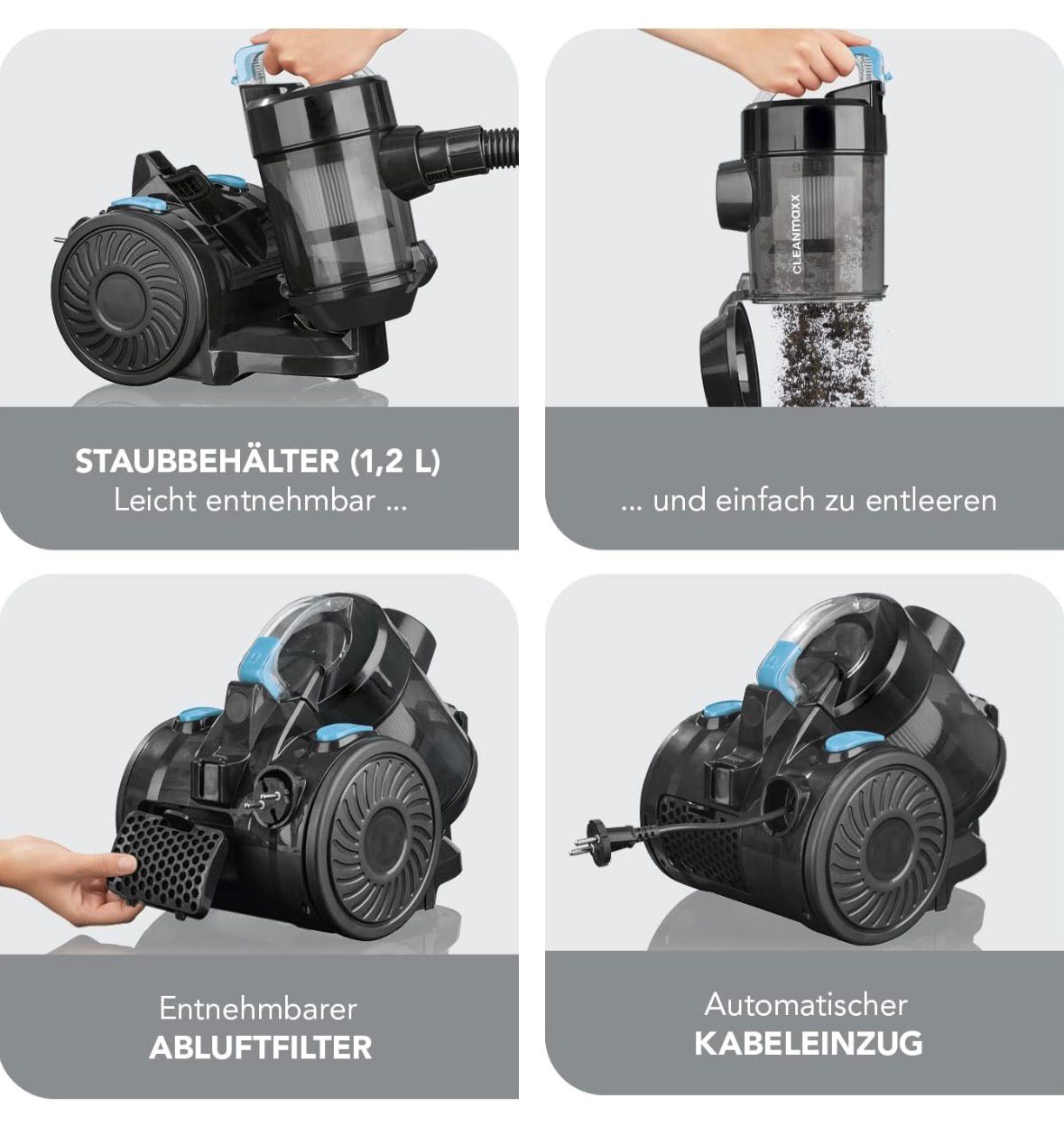 CLEANmaxx Zyklonstaubsauger mit zweistufigem Filtersystem (EPA- und Abluftfilter), beutellosem Staubbehälter zur einfachen Entleerung sowie 800 Watt Leistung inklusive verschiedener Aufsätze