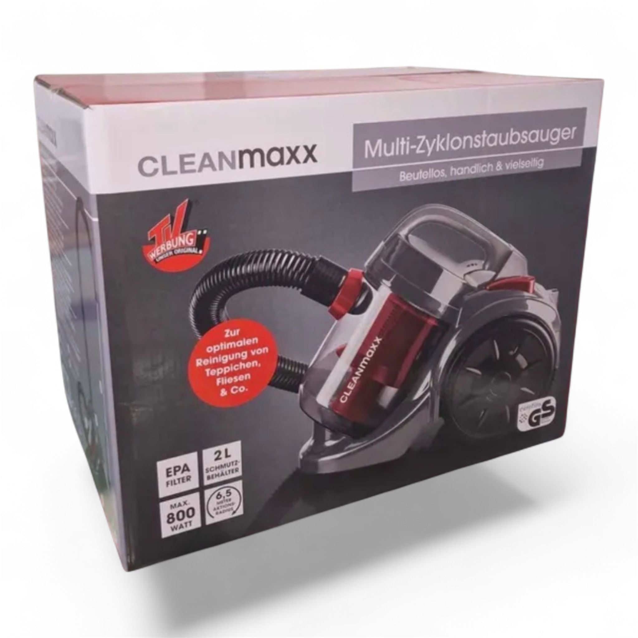 Leistungsstarker CLEANmaxx Zyklonstaubsauger mit 800 Watt, kompaktem Design und praktischem Zubehör für vielseitige Reinigung – in Schwarz-Rot