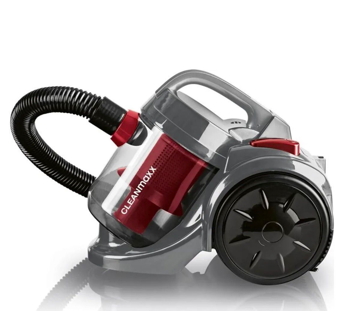 Leistungsstarker CLEANmaxx Zyklonstaubsauger mit 800 Watt, kompaktem Design und praktischem Zubehör für vielseitige Reinigung – in Schwarz-Rot