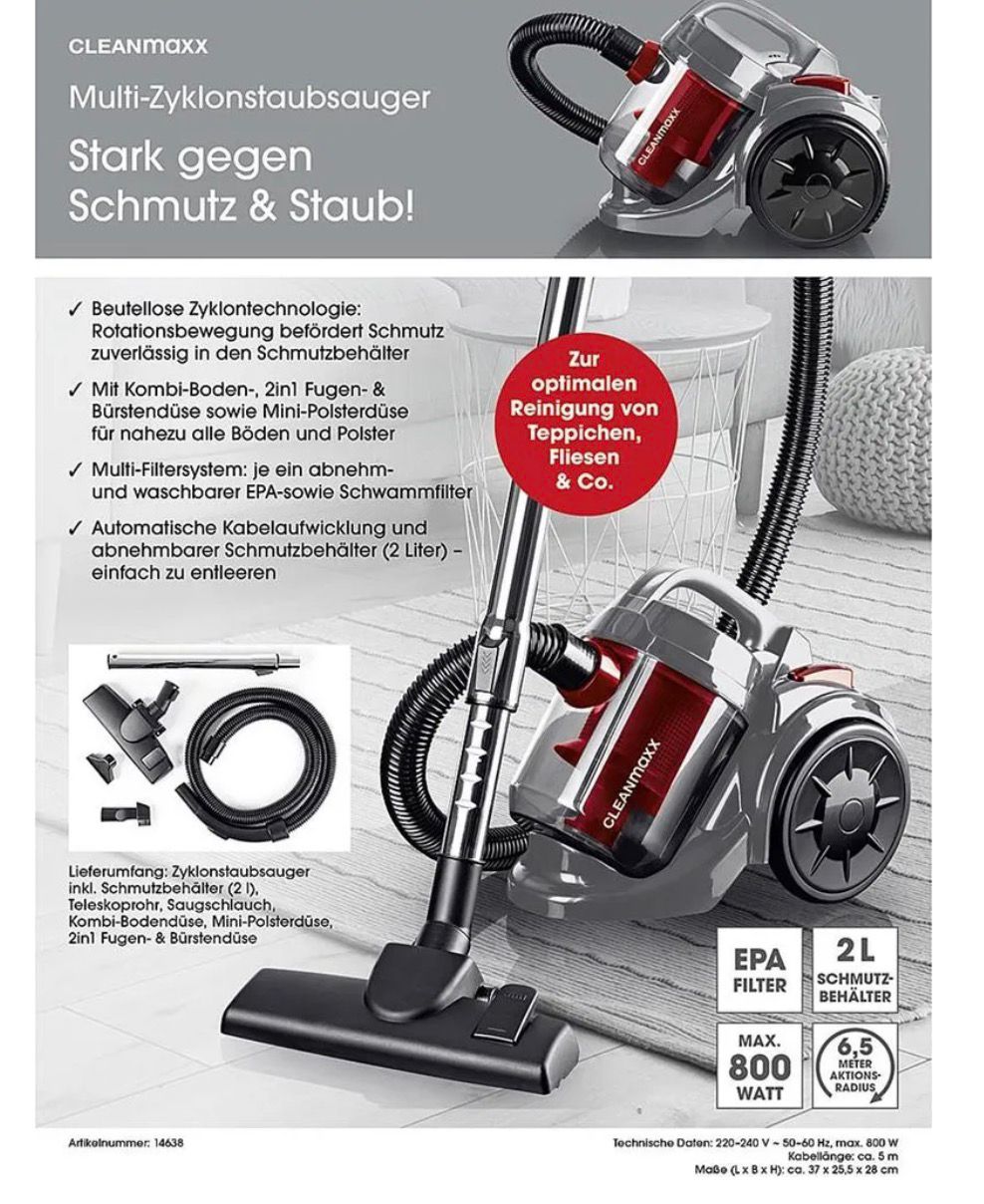 Leistungsstarker CLEANmaxx Zyklonstaubsauger mit 800 Watt, kompaktem Design und praktischem Zubehör für vielseitige Reinigung – in Schwarz-Rot