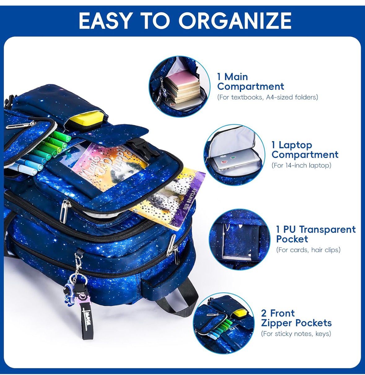 Schulrucksack, Rucksack Schulranzen, Atmungsaktiv Weltall Design Lässig modern und cool - dunkel blau