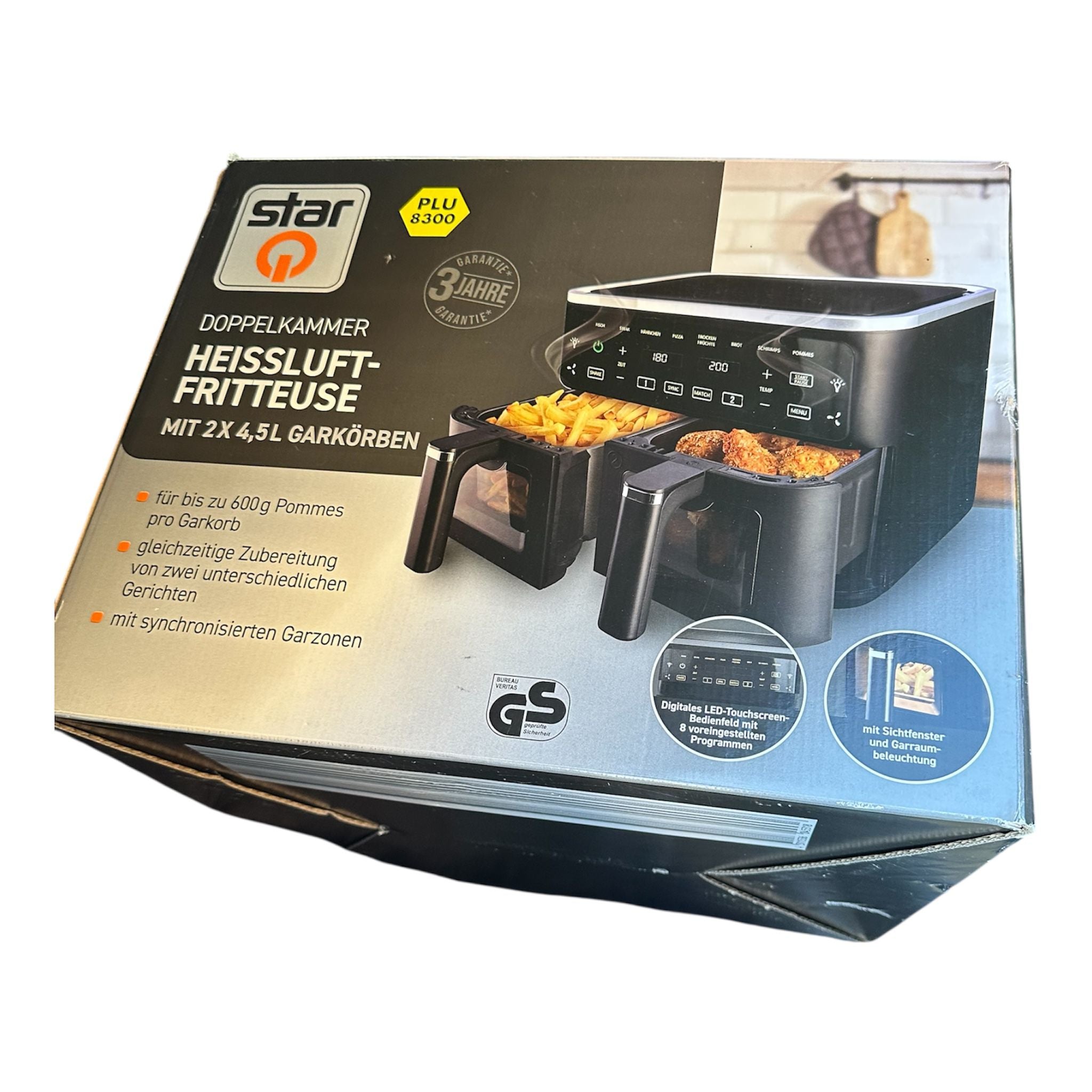 Heißluftfritteuse 9 L Doppelkammer - 2 Körbe, 8 Programme, Smart Finish, beschichtet, Sichtfenstnster - OHNE Oel Frittieren