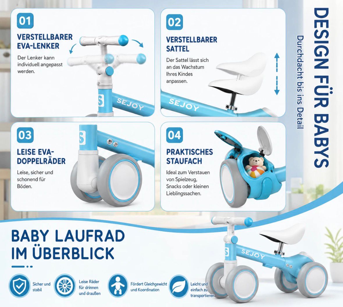 Sejoy Baby Balance Laufrad Blau | 4-Rad Kinderlaufrad ab 10 Monate | Verstellbar & Sicher