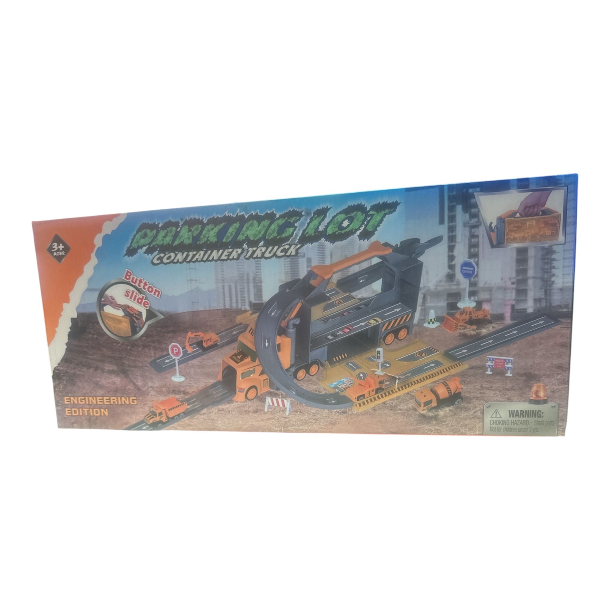 Parking Lot Container Truck – 2-in-1 Spielset mit Transporter, Baustellenfahrzeugen & Rennstrecke