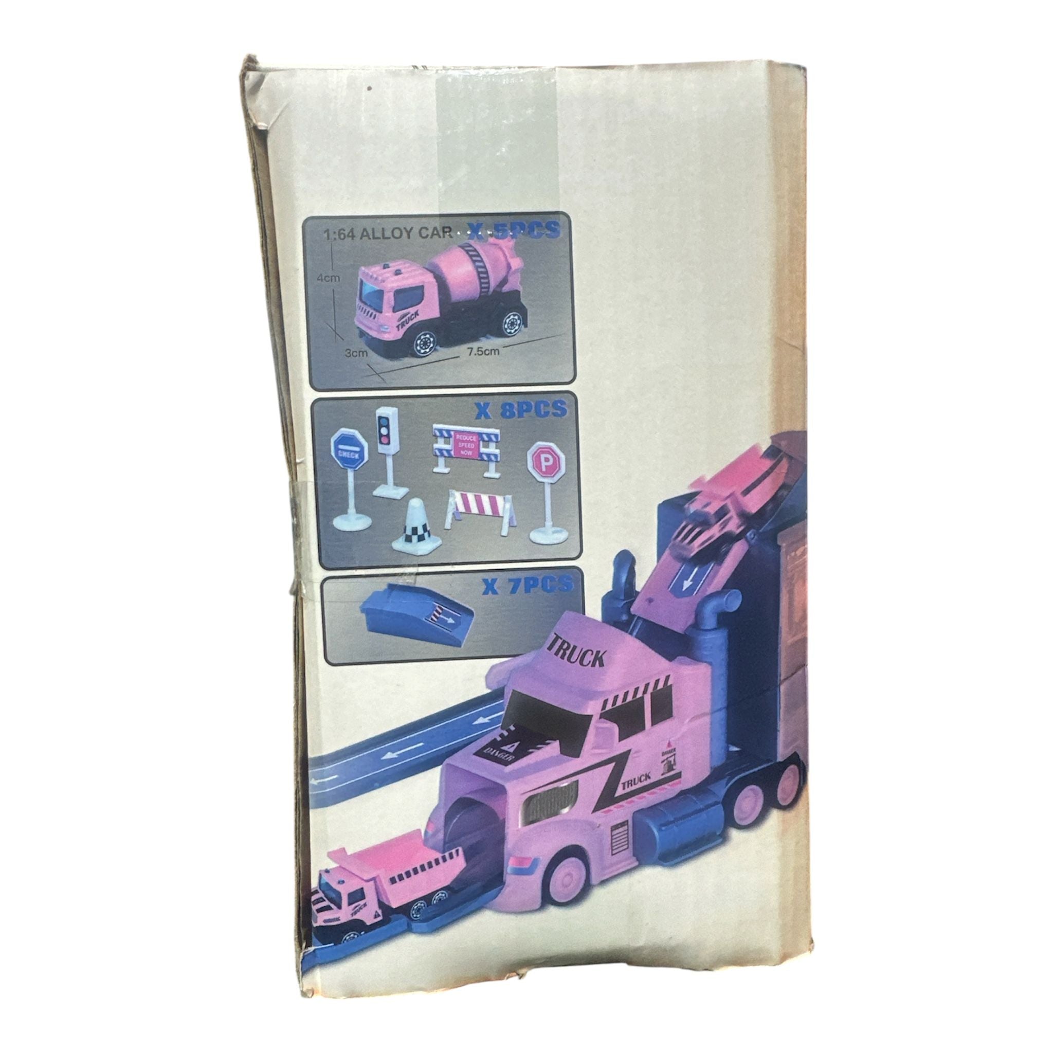 Parking Lot Container Truck – 2-in-1 Spielset mit Transporter, Baustellenfahrzeugen & Rennstrecke