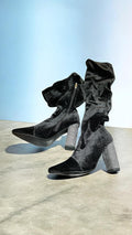 Damen Overknee-Stiefel – Schwarz – Samtoptik mit Glitzersteinen – 10 cm Absatz - Größe 41