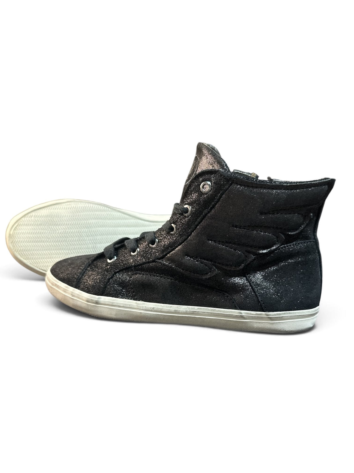 Piure Posh Boots Damen High-Top Sneaker – Schwarz Glitzer mit Flügeln | Größe 38
