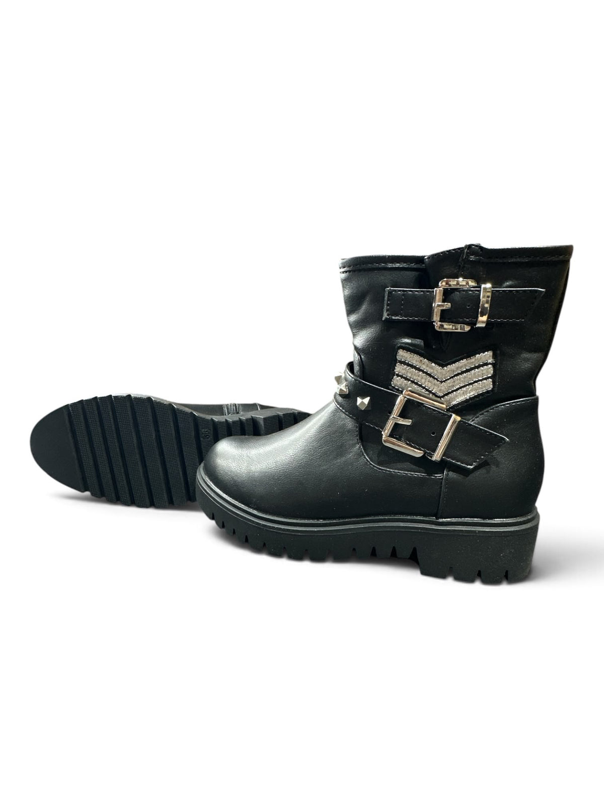 CafèNoir Biker Boots HXH923 NERO – Schwarz mit Schnallen & Glitzer | Größe 36