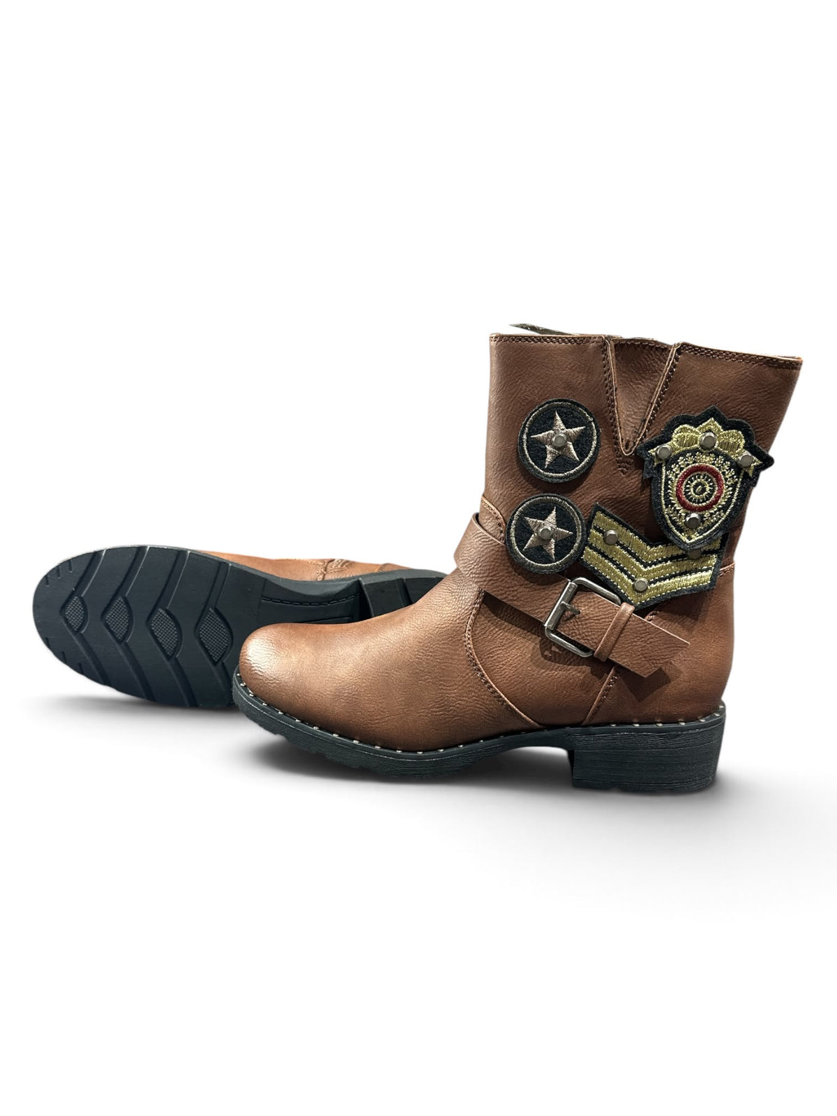 Linea Supremo Damen Biker-Stiefeletten – Cognac mit auffälligen Patches | Gr. 38