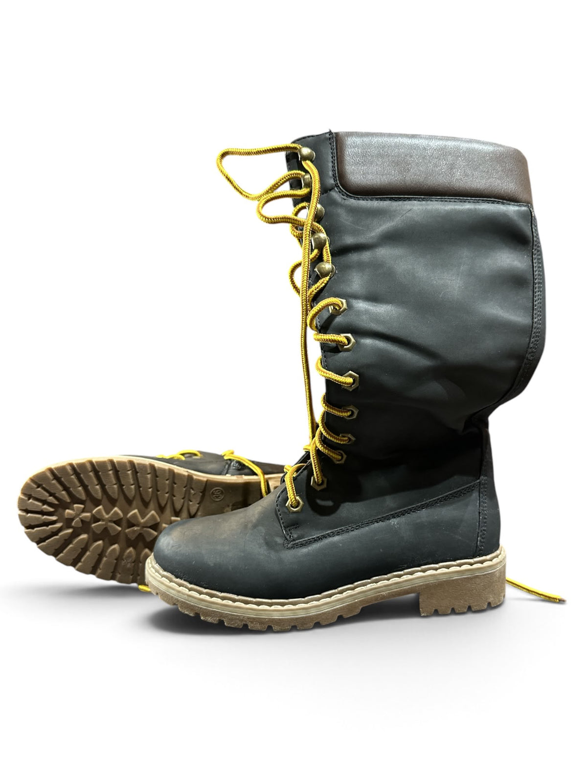 Damen Schnürstiefel Gr. 36 – Schwarz | Kniehohe Biker Boots mit gelben Schnürsenkeln & Profilsohle