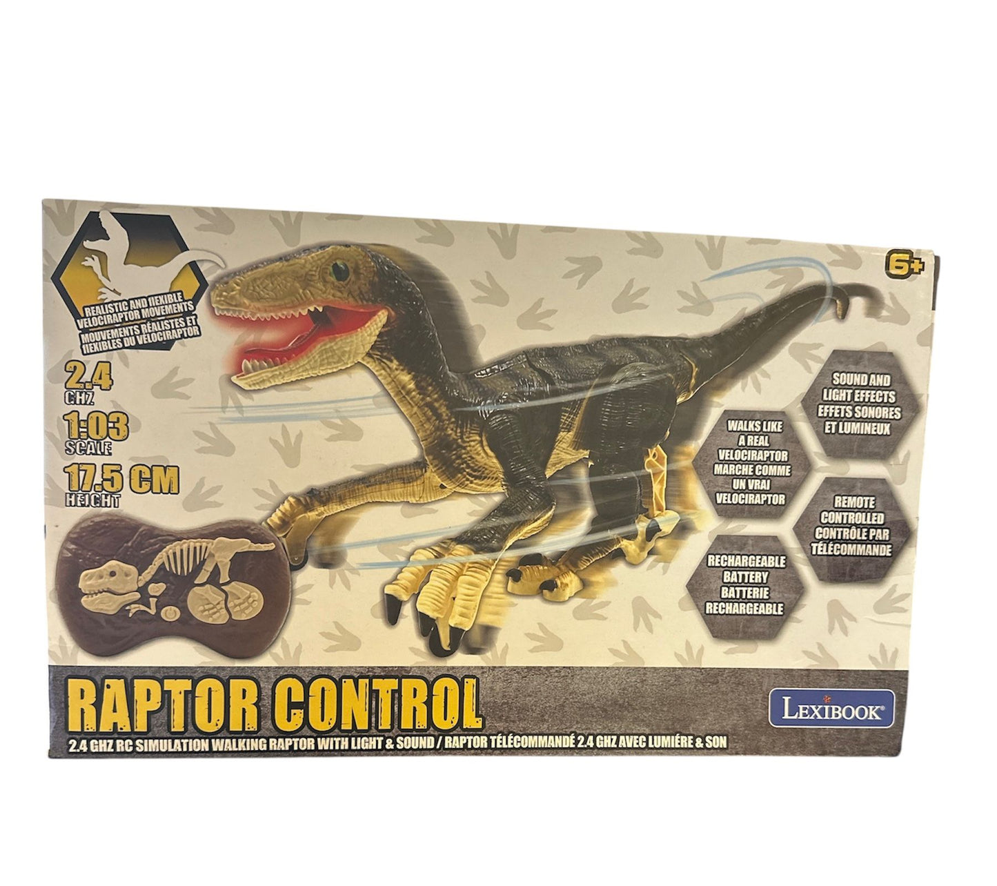 Lexibook, RC Raptor Control, Realistischer Ferngesteuerter Dinosaurier, Gelenkige Bewegungen, Brüllen, Lichteffekt, Wiederaufladbar, inkl. Fernbedienung für Fossilien, DINO01 (B-Ware Neu OVP / Karton kann leicht beschädigt sein)