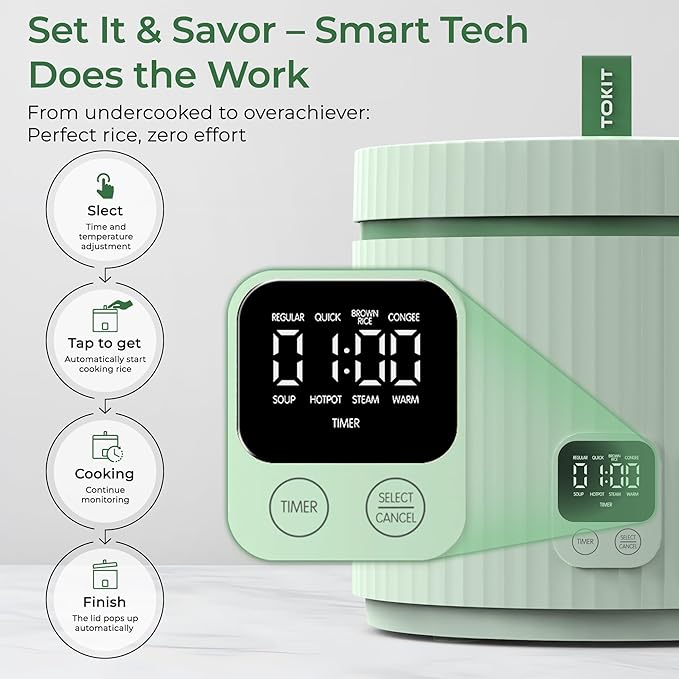 TOKIT Rice Cooker 1.5L Pro * Reiskocher * Multifunktionen mit Display und Touch Tasten * Für 1-3 Personen * Keramisch beschichteter Antihaft-Innenreistopf