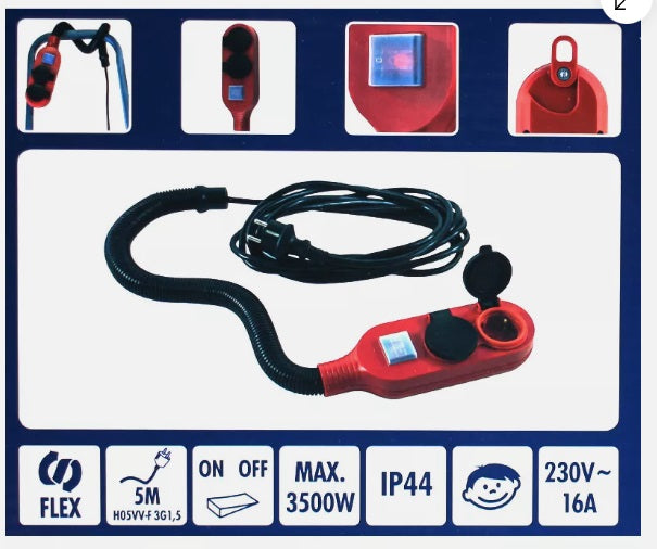 Duro Steckdosenleiste 2 fach inkl. 5m Zuleitung 16A max. 3500W REV WRAP On/Off IP44