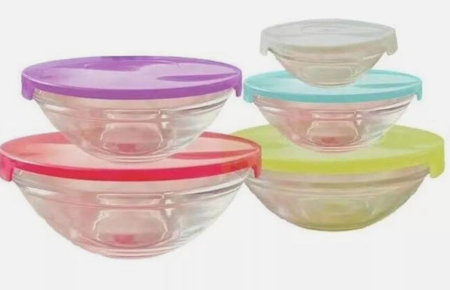 Cheffinger, 5-teiliger Lebensmittelbehälter aus Glas mit Plastikdeckeln., Transparent