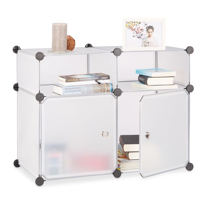 Regalsystem 4 Fächer, Standregal Kunststoff, Steckregal mit Türen, Badregal, HBT: 56 x 75 x 37 cm, transparent / Muster
