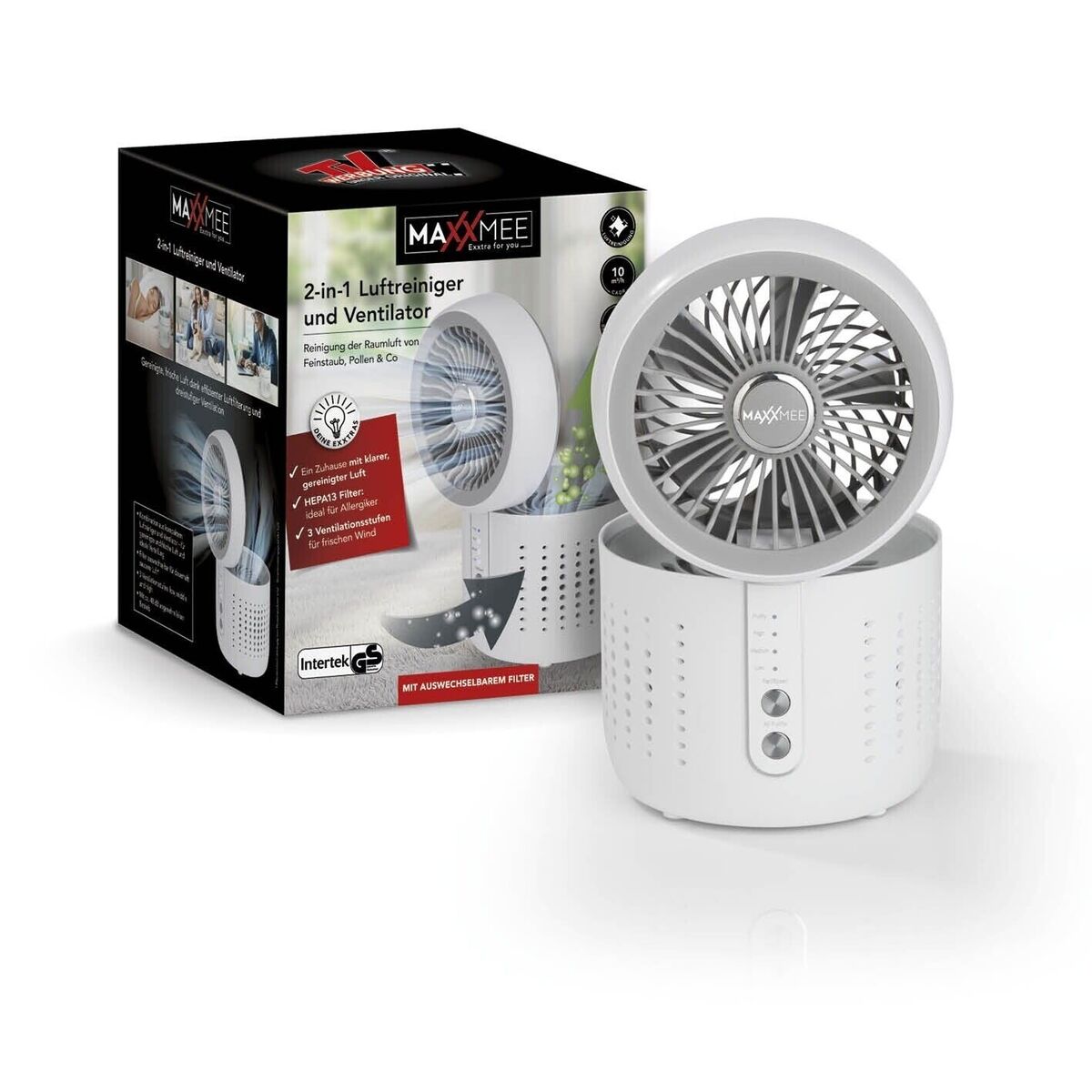 MAXXMEE Luftreiniger Ventilator 2-in-1 HEPA-Filter 3 Ventilationsstufen Weiss