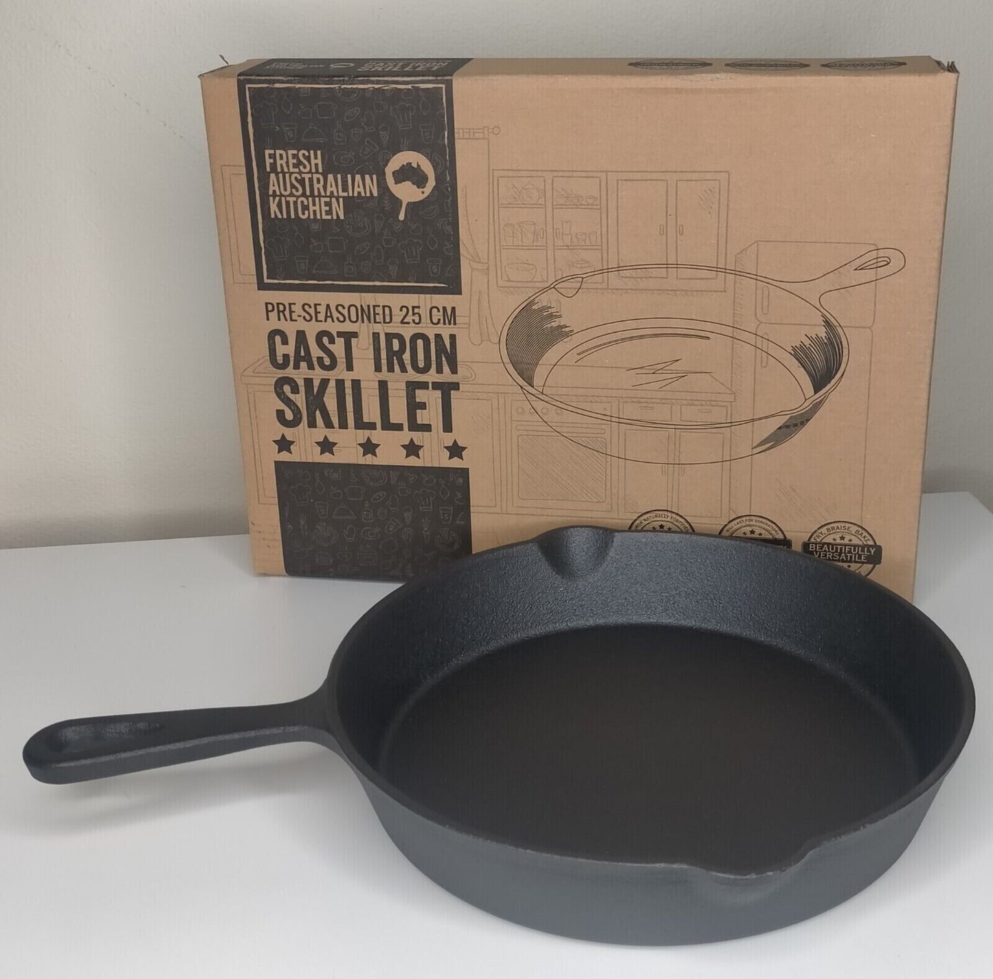 Fresh Australian Kitchen, Pre-Seasoned 25cm (schwere Gusseisen Pfanne)  cast Iron Skillet.