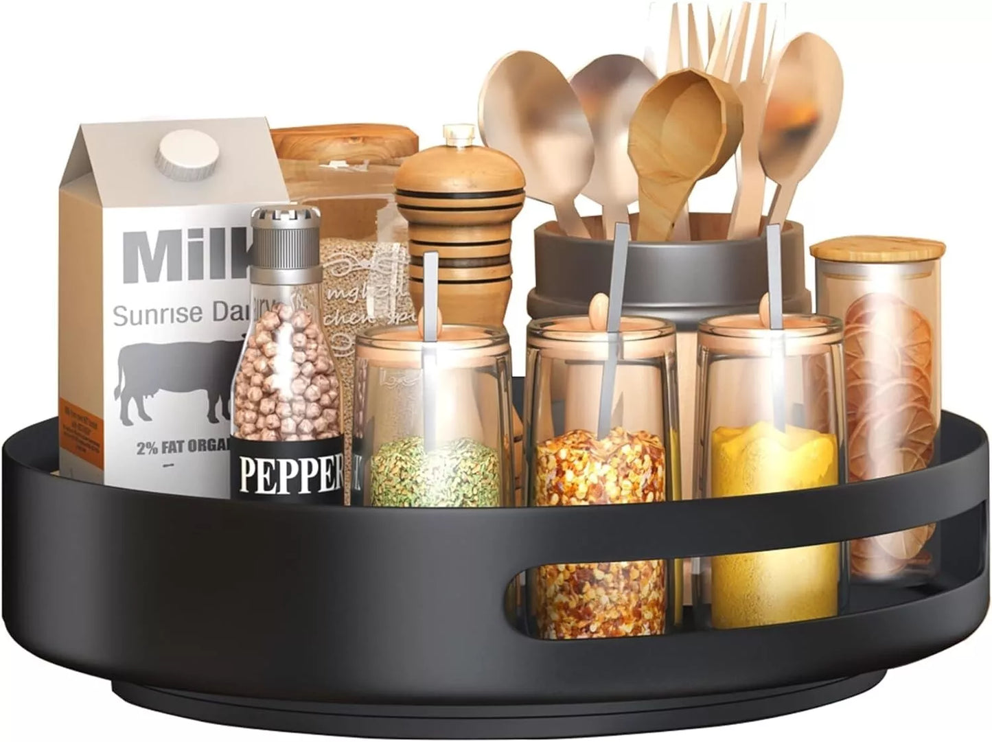 SAYZH Lazy Susan Drehteller Organizer, Metall Stahl Gewürzregal Drehbar, Drehbare Gewürzregale für Vorratsschrank Schranktisch, Küche, 24,5 CM, Schwarz